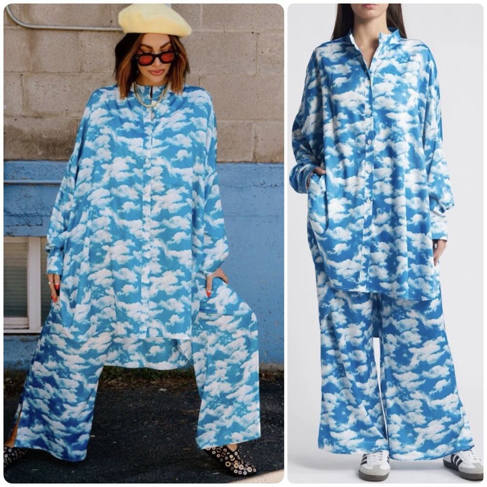 Dressed in LALA Secret Sky Society Satin Play Set Blue Cloud Print Shirt Pants M